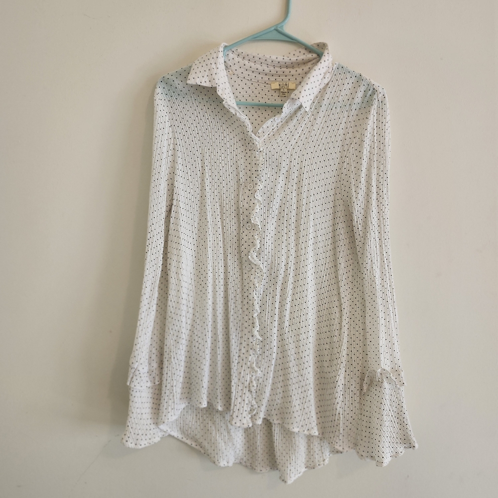 Kori White Button-Front Ruffle Polka Dot Blouse